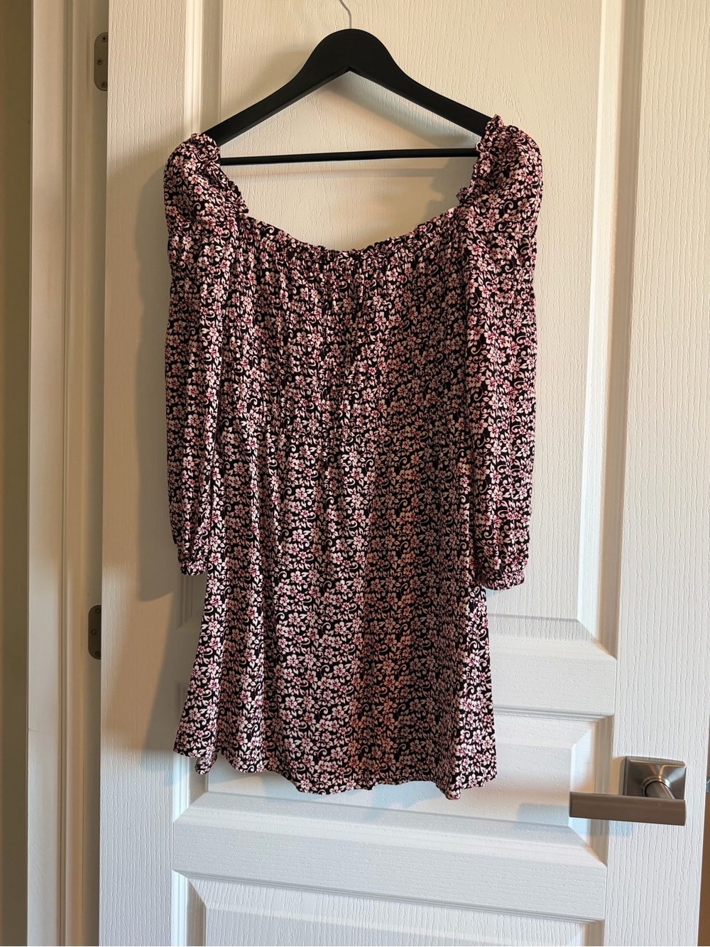 Maje Pink and Black Floral Square-Neck Mini Dress
